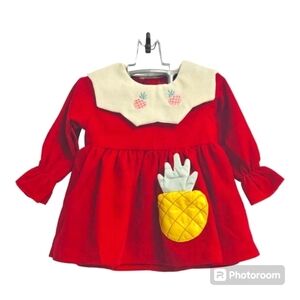 cute korean girls dresses Curdroy Long Sleeve Lapel  dress pineapple embroidery